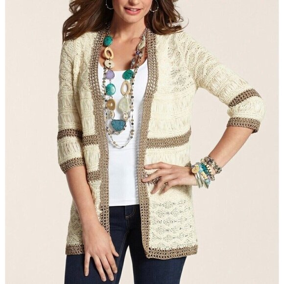 Chico's 0 Sz S Ivory Metallic Bronze Open Woven Stretch Crochet Cardigan Sweater - Picture 1 of 8